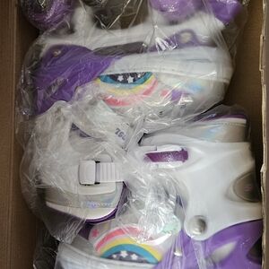 Kids Adjustable Roller Skates with Rainbow Detail - Purple & White